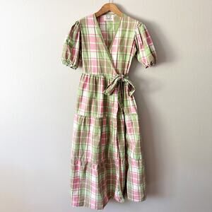 SZ Blockprints Emily Green/Pink Plaid Maxi‎ Wrap Dress women’s size medium